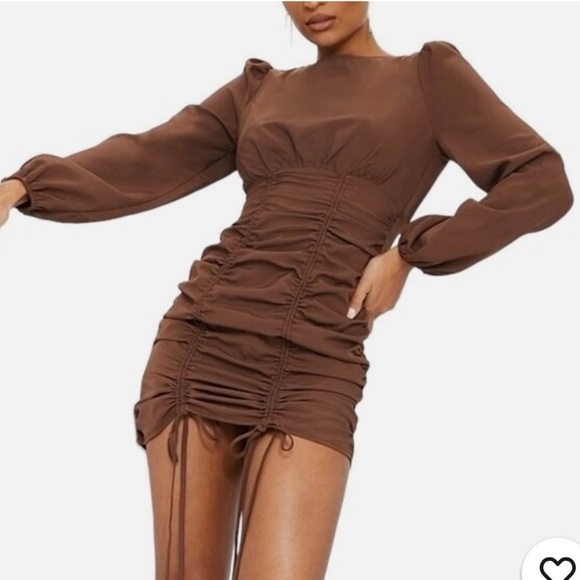 NWT PrettyLittleThing | Women’s Chocolate Brown Long Sleeve Ruched Mini Dress, 4 - Picture 13 of 15
